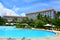 Shangri-La`s Mactan Resort and Spa hotel facade and swimming pool in Lapu Lapu, Cebu, Philippines