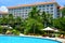 Shangri-La`s Mactan Resort and Spa hotel facade and swimming pool in Lapu Lapu, Cebu, Philippines