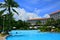 Shangri-La`s Mactan Resort and Spa hotel facade and swimming pool in Lapu Lapu, Cebu, Philippines