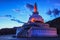 Shanti stupa illuminated in the evening twilight. Leh, Ladakh