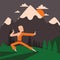 Shaolin monk kung fu master, vector illustration. Traditional oriental fighter training in mountains. Kung fu warrior