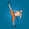 Shaolin monk practicing kung fu. Martial art. Vector illustration, isolated on blue.