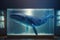 A shape of a blue whale floats as a hologram in a laboratory created with generative AI technology