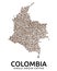 Shape of Colombia map made of scattered coffee beans, country name below