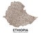 Shape of Ethiopia map made of scattered coffee beans, country name below