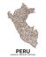 Shape of Peru map made of scattered coffee beans, country name below