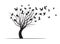 Shape of Tree, wind and black birds. Vector outline Illustration. Plant in Garden