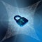 shaped surface of white binary code on blue background - closed padlock symbolic for data security shown in front