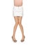 Shapely female legs in white miniskirt and high heel shoes on white background