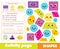 Shapes activity page for kids. Educational children game list for learning geometric forms