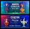 Shapito circus show, cartoon clowns vector banners