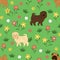 Shar Pei puppies seamless pattern background with flowers. Cartoon dog puppy background. Hand drawn childish vector illustration.