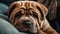 A shar-pei puppy snuggling with its owner on the couch created with Generative AI