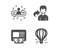 Share, Atm and Recruitment icons. Air balloon sign. Male user, Money withdraw, Manager change. Flight travel. Vector