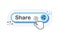 Share blue 3D button with hand pointer clicking. White background. Vector