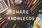 Share knowledge text and School supplies on blackboard