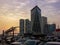 Sharjah city towers, bridge, street at sunset