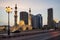 Sharjah. Summer 2016. Evening Al Qasba Mosque in the urban streetscape.