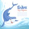 Shark attack background. Blue dangerous fish with big teeth swimming sea ocean water. Vector cartoon background animal