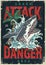 Shark attack colorful vintage poster