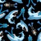 Shark and diver pattern seamless. Hammerhead shark and frogman background. Marine predator texture