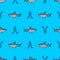 Shark and diver pattern seamless. Hammerhead shark and frogman background. Marine predator texture