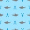 Shark and diver pattern seamless. Hammerhead shark and frogman background. Marine predator texture