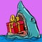 Shark with a gift box. Holiday shopping Christmas Valentines day birthday