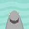 Shark head face with big open mouth and sharp teeth. Cute cartoon kawaii animal character. Sea ocean wild animal. Baby card.