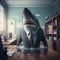 A shark in a jacket in the office, a business shark. AI generative