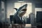 A shark in a jacket is sitting in the office. AI generative