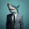 A shark in a jacket stands on a blue background. AI generative