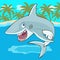 Shark jumps out of the water cartoon character, vector illustration, caricature. Colorful painted cute funny fish shark with open