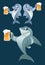 A shark and a pair of dolphins giving a toast with a mug