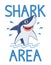 Shark poster. Warning attack sharks, ocean diving and sea surf, slogan for t shirt print design or banner cartoon vector