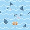 Shark in sea seamless pattern. Man drowns. Scenery screams help