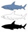 Shark sketch. Vector set of isolated elements of predatory fish Shark hand-drawn black outline and silhouette, and gray color