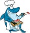 Shark Sushi Chef Cartoon Character Showing Sushi Set Japanese Seafood