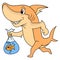 Shark walking with a happy face carrying ornamental goldfish in a plastic bag, doodle icon image kawaii