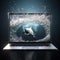 Shark and water protrude from laptop screen, transition of virtual reality to real one,
