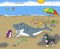Sharks play with cats and dogs cartoon on the beach