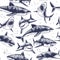 Sharks seamless pattern. Hand drawn underwater sea fish nautical japanese background