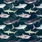 Sharks variety: Blue, Tiger, Whale and Hammerhead, hand painted watercolor illustration, seamless pattern in dark green ocean