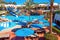 Sharm El Sheikh, Egypt - February 13, 2020: The view of hotel Verginia Sharm Resort and Aqua Park 4 stars at day with blue sky