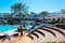 Sharm El Sheikh, Egypt - February 13, 2020: The view of hotel Verginia Sharm Resort and Aqua Park 4 stars at day with blue sky