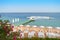 Sharm El Sheikh, Egypt - March 07, 2020: Empty beach and empty pontoon bridge on the red sea coast. The sea coast is closed to