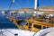 Sharm el-Sheikh, Egypt - March 14, Fragments of a yacht made of wood in the bay of the Red Sea against the blue sky