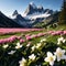 The sharp Alpine peaks of Mont Blanc with snow and glaciers soar above the sprin...