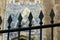 Sharp fence of a church. Traditional Portuguese tiles. Blue tiles