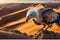 Sharp Focus: Vulture on Craggy Cliff, Expansive Desert Vista Stretching Beyond